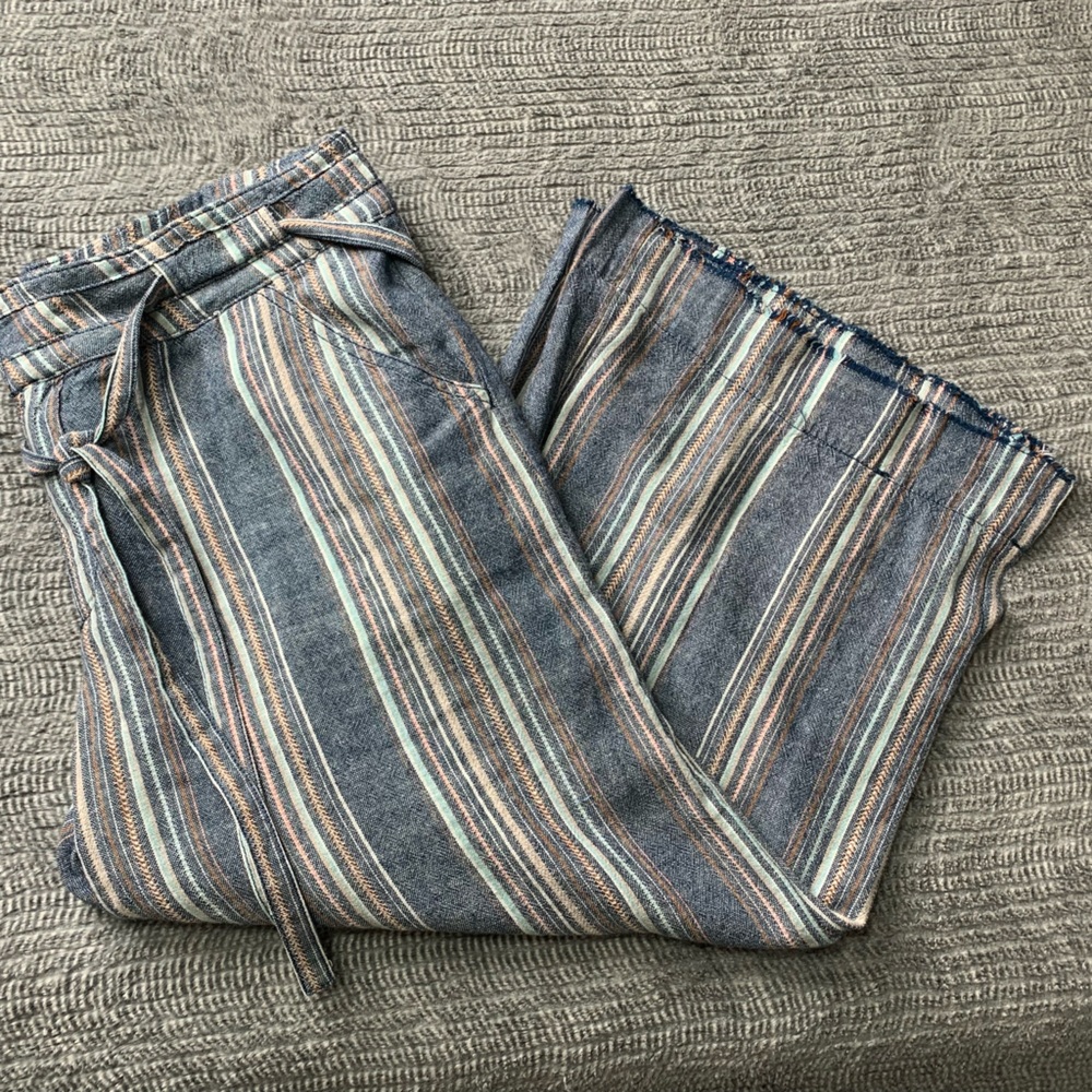 Democracy Women’s Linen wide leg palazzo striped cropped pants raw hem size 8